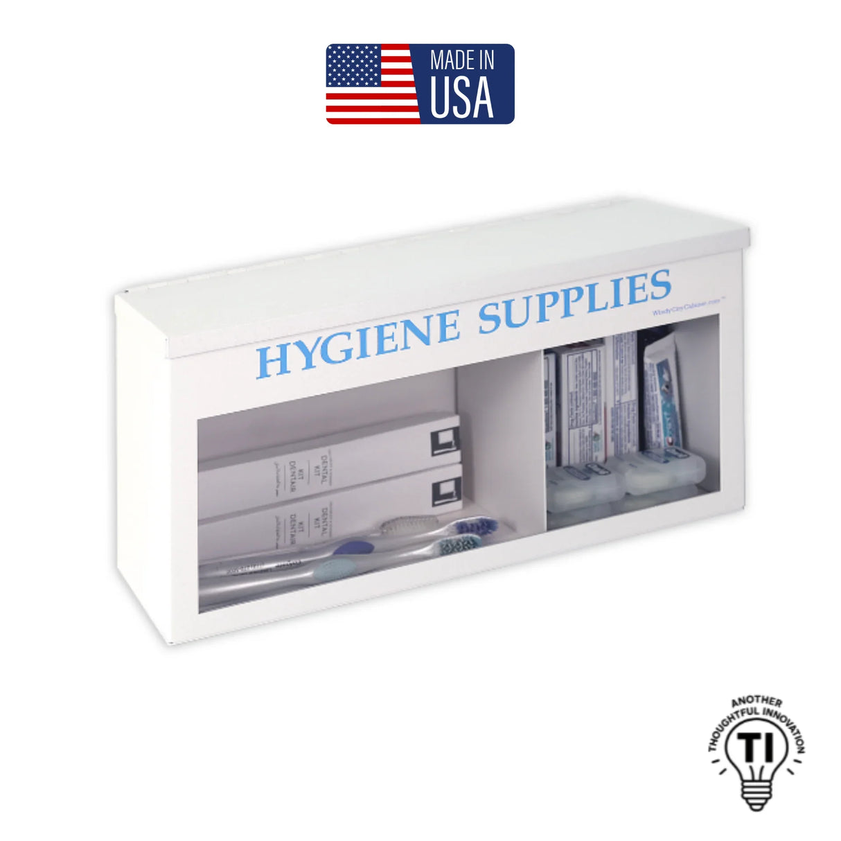 Wall-mounted hygiene supplies organizer with toothbrushes and dental kits, Made in USA.