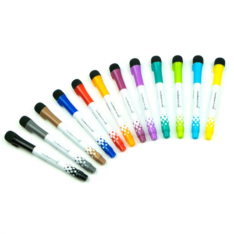 Set of twelve colorful dry erase markers with eraser caps arranged in a fan on white background