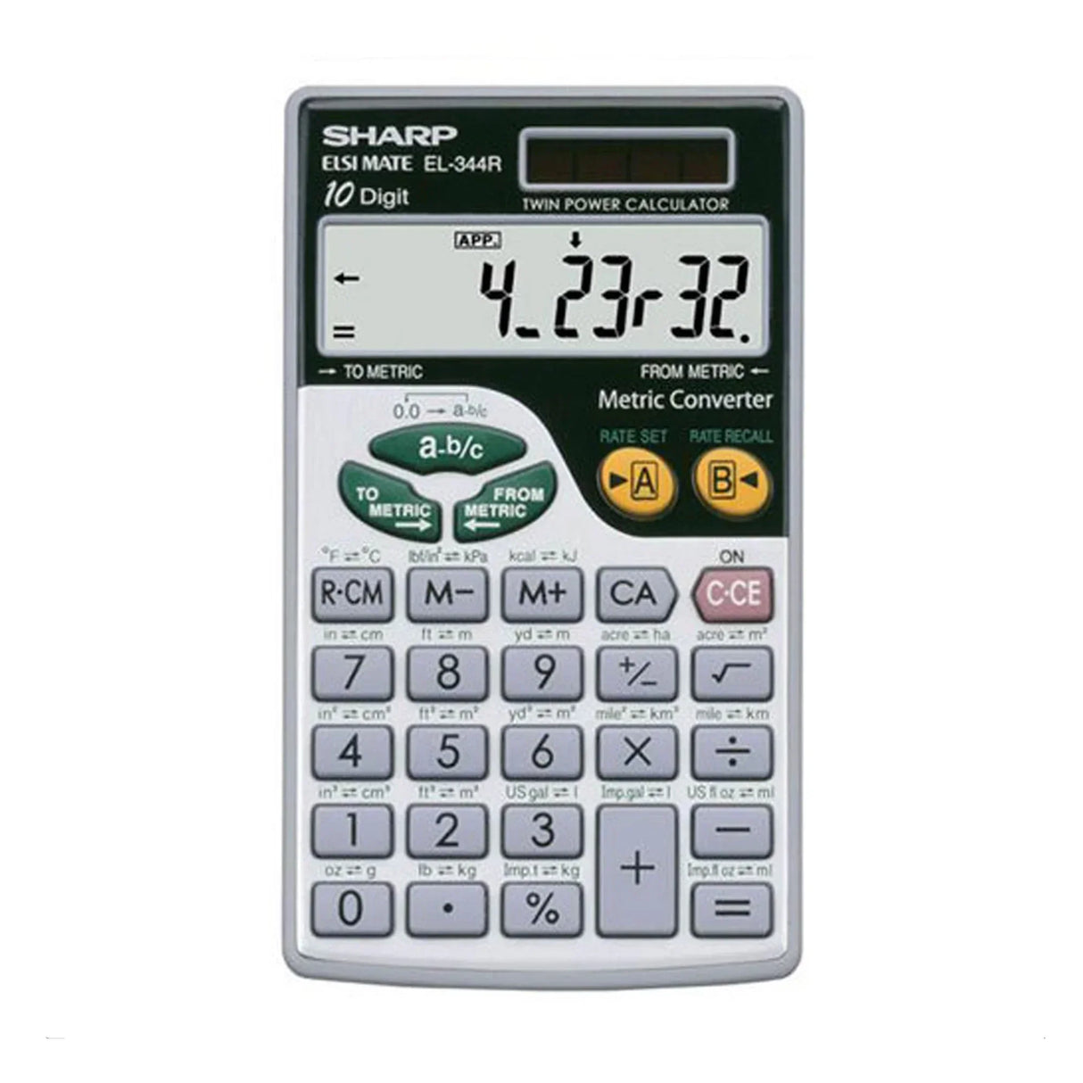 Sharp 10-digit twin power calculator with metric converter and dual power functionality
