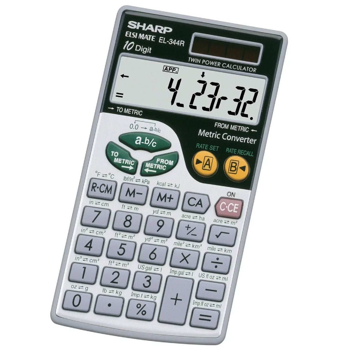 Sharp EL-344R 10-digit twin power calculator with metric converter and conversion keys for office or school use
