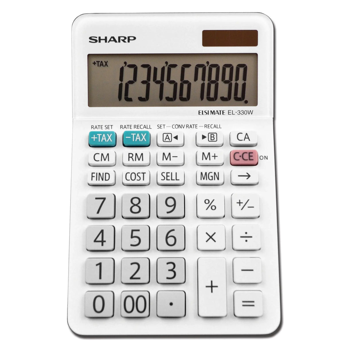White 10-digit desktop calculator with large display, function keys, and solar panel