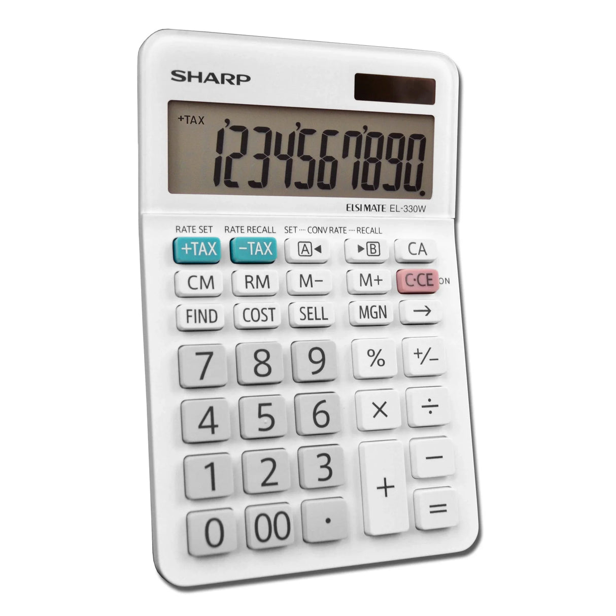 10-digit desktop calculator with large display and tax function buttons on white background