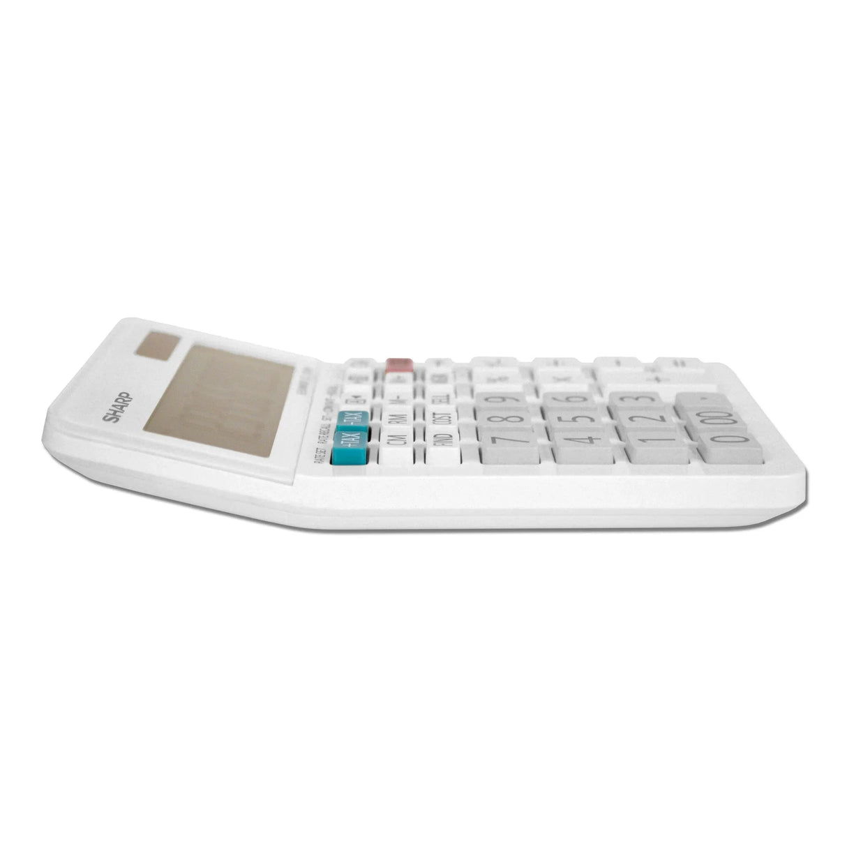 Side view of a white 10-digit desktop calculator with large keys and LCD display