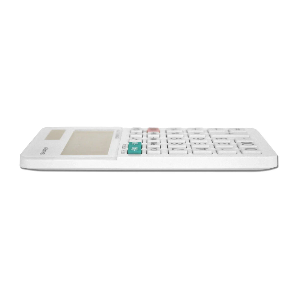 White Sharp desktop calculator with green and red function keys for office or school use
