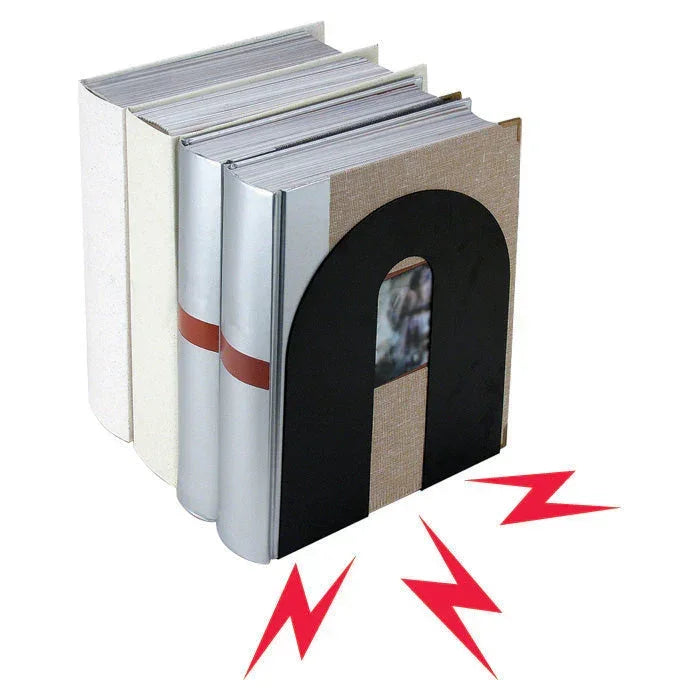 Magnetic bookends holding books upright with red lightning bolts, ideal for office or school organization