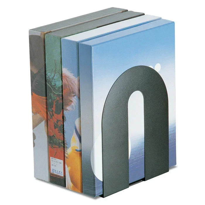 Modern bookends holding colorful books, ideal for office or school organization and workspace decor