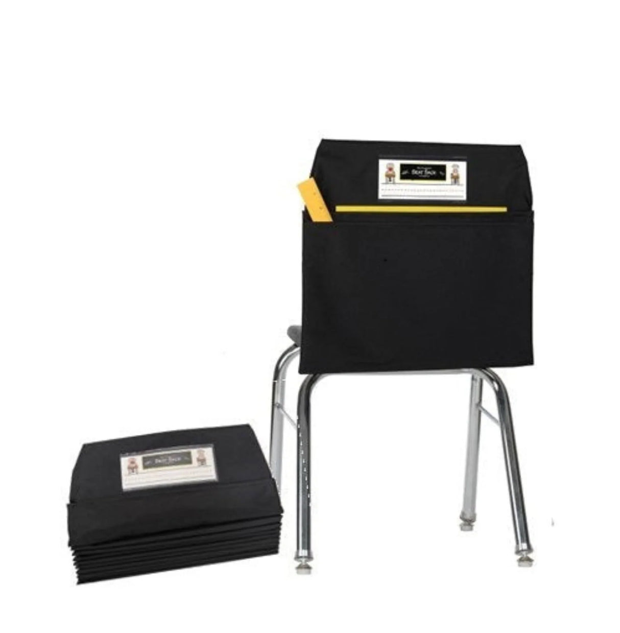 Black double pocket seat sack organizer on a chair with a stack of additional seat sacks