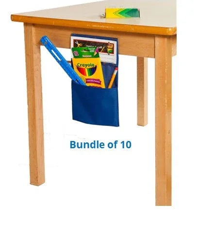 Blue classroom storage pouch holding school supplies on table leg, bundle of 10