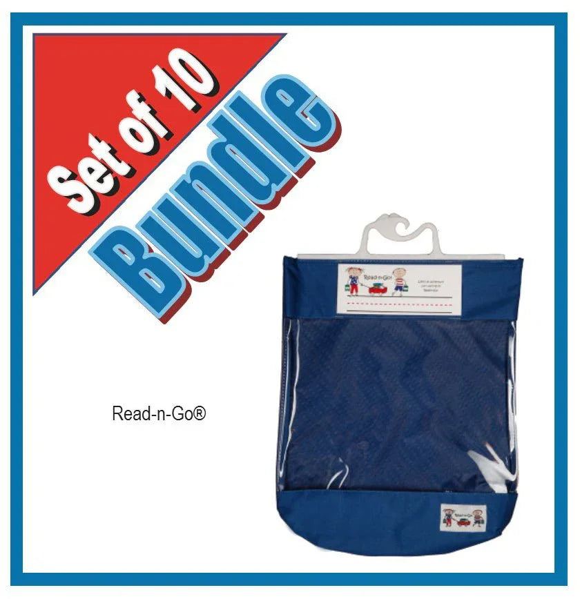 Set of 10 blue Read-n-Go book bags with clear front pocket, school storage bundle
