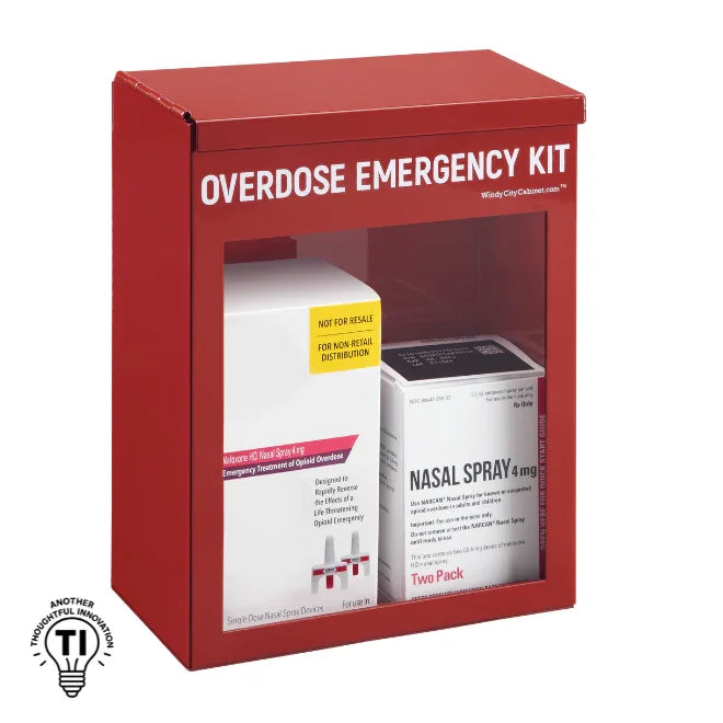 Red overdose emergency kit cabinet with nasal spray boxes for opioid overdose response