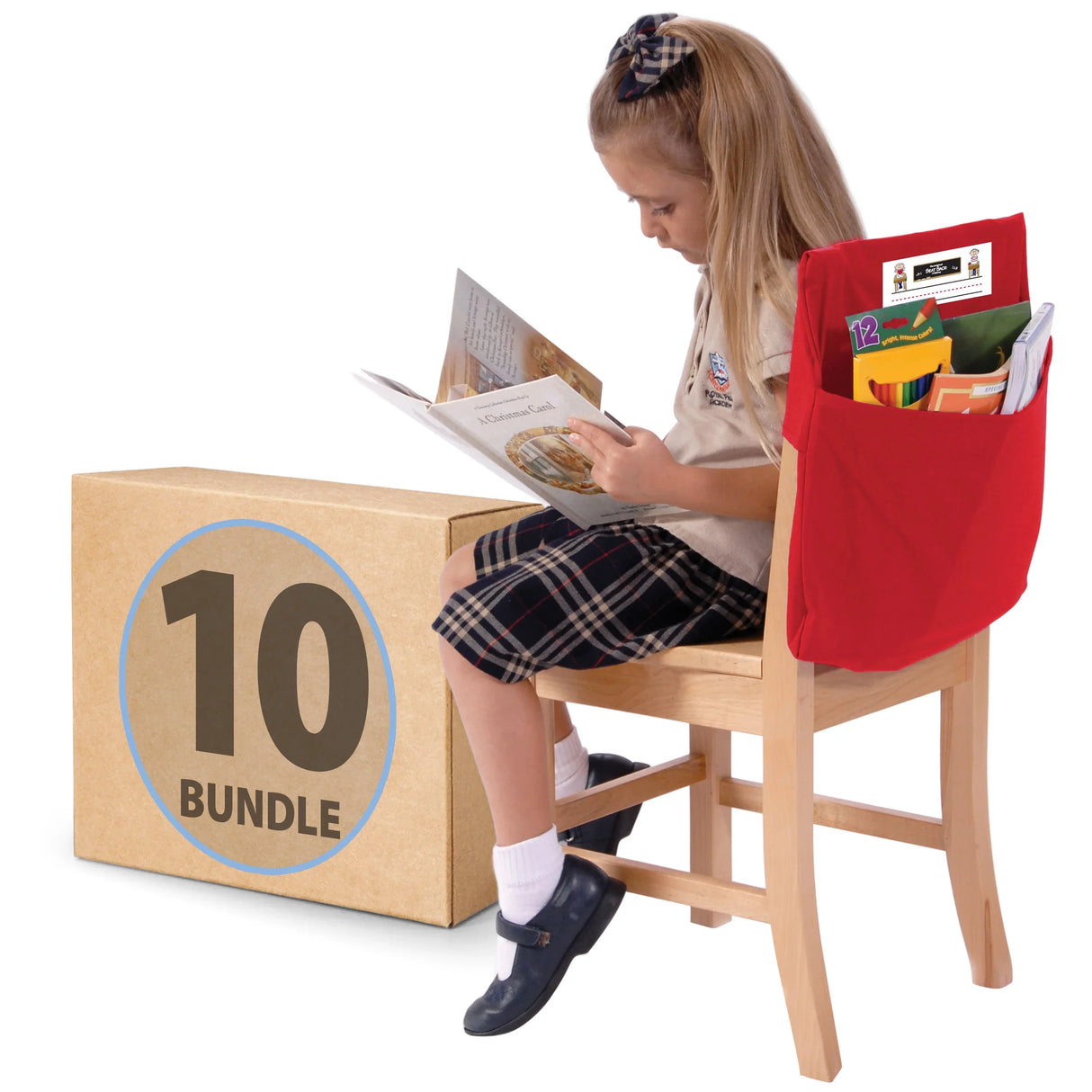 Young girl reading on chair with red seat organizer, next to 10-pack bundle box