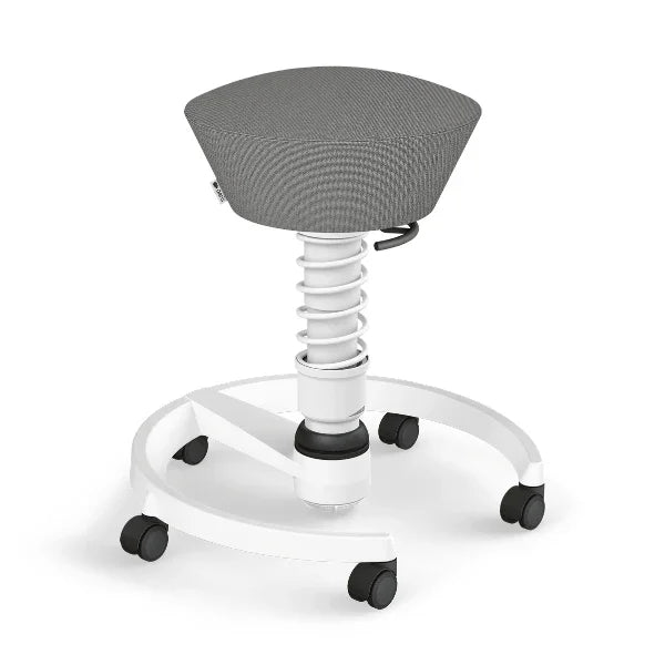 Aeris Swopper Ergonomic Office Stool with white frame and grey seat on castors