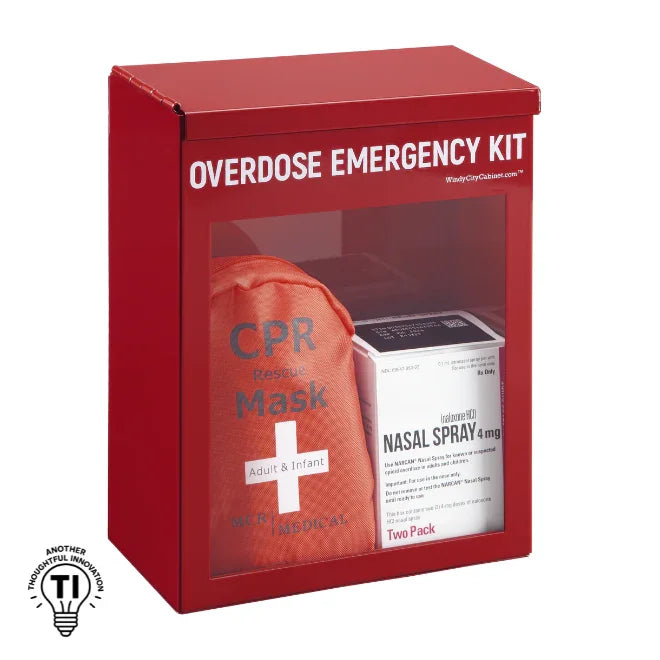 Red overdose emergency kit box with CPR rescue mask and nasal spray visible through clear front