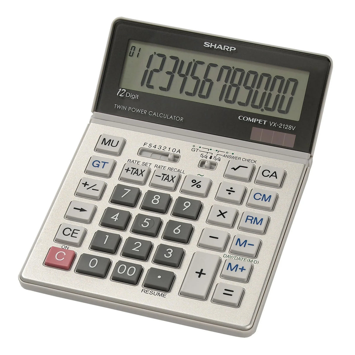 12-digit commercial desktop calculator with large LCD display and various function keys