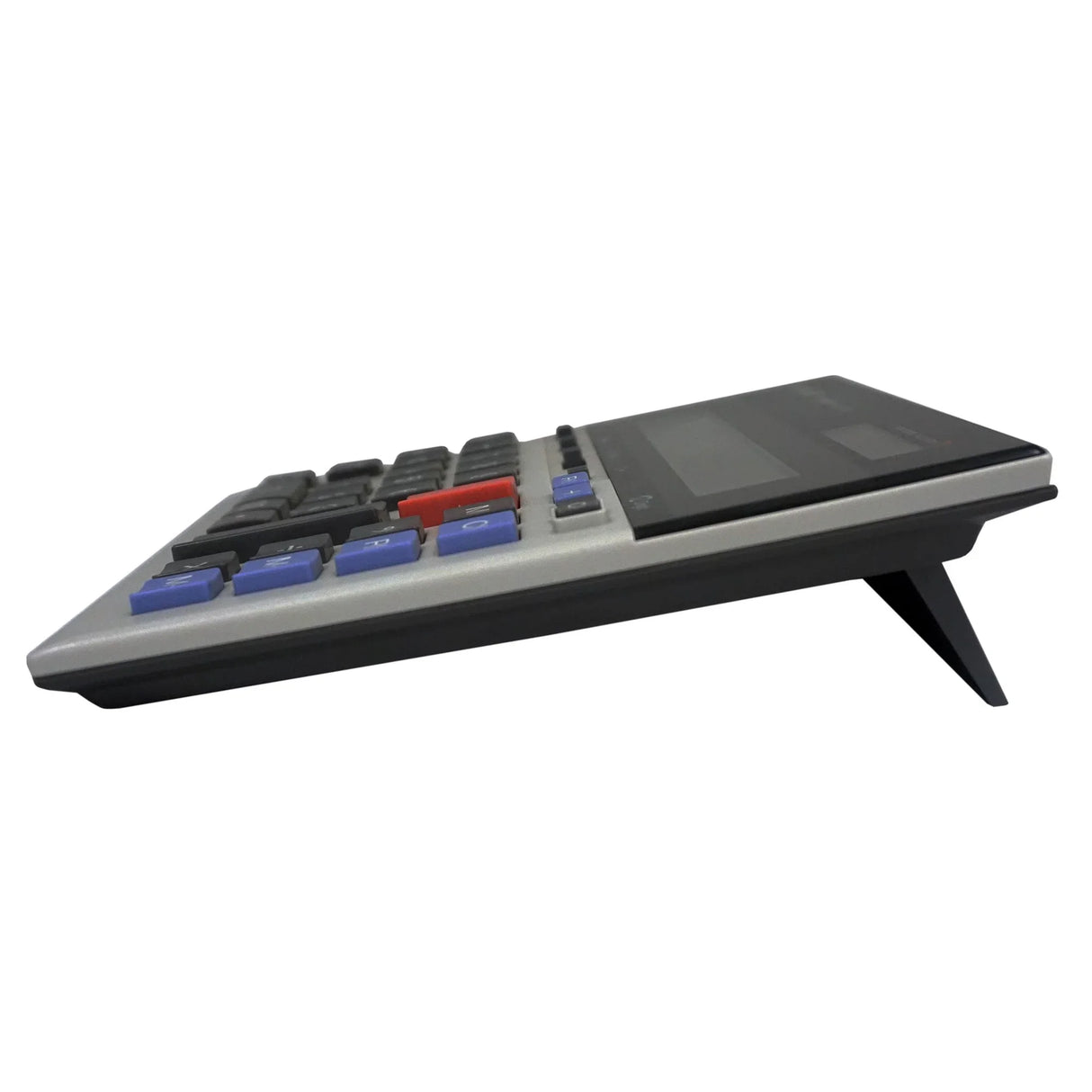 Side view of a 12-digit commercial desktop calculator with kickstand and large display