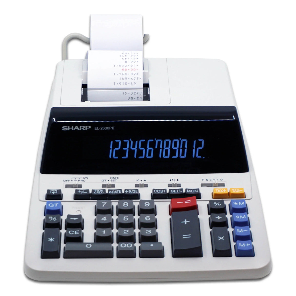 12-digit commercial printing calculator with large display and paper roll for office use