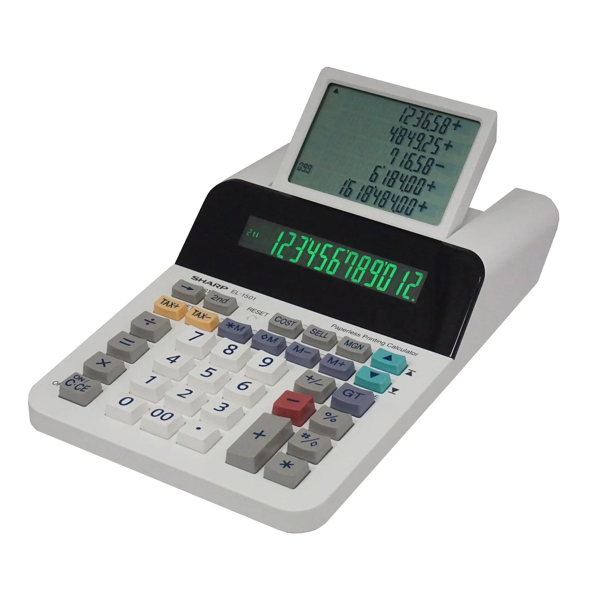 12-digit compact paperless printing calculator with angled dual digital displays