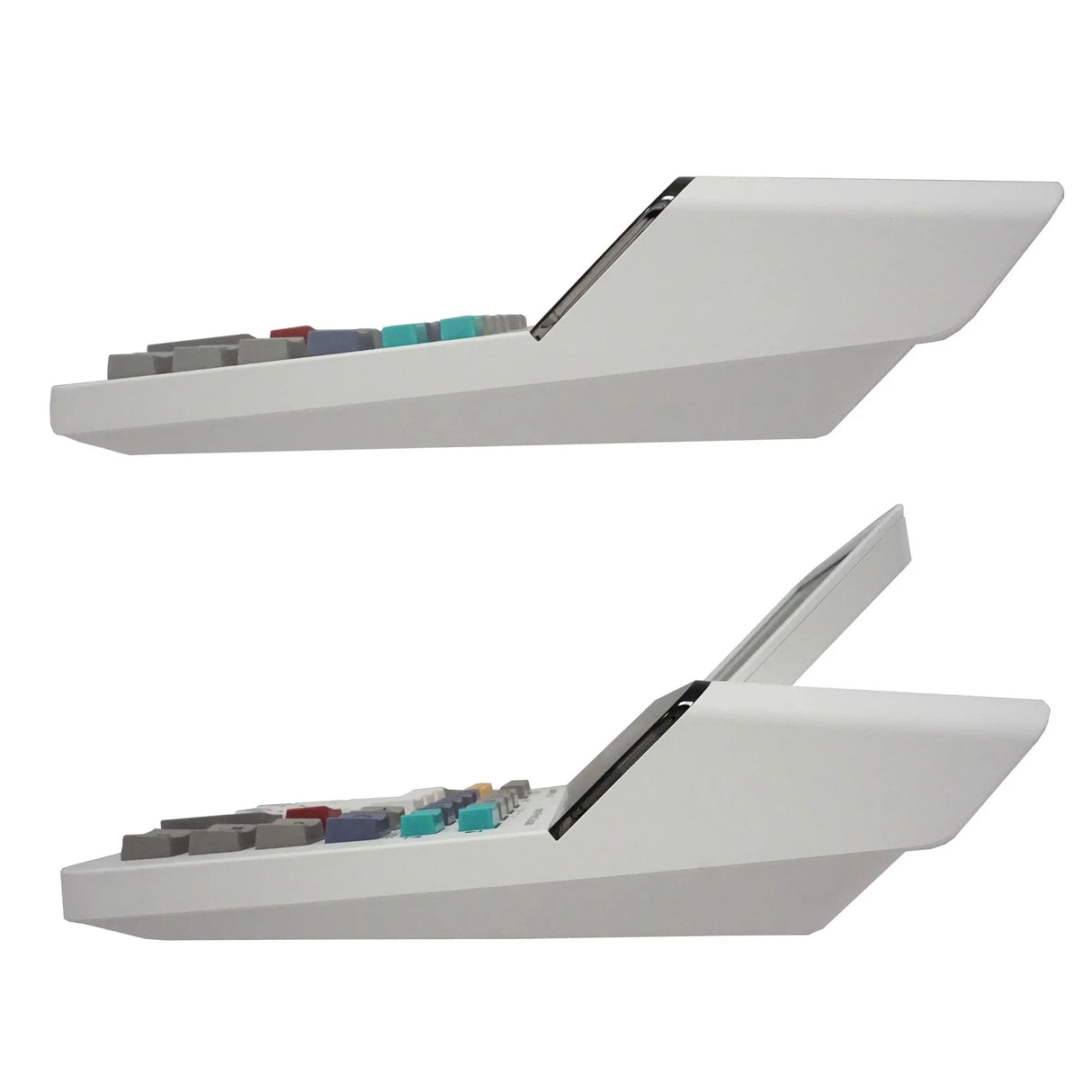 Side view of a compact 12-digit paperless printing calculator with colorful keys and LCD display