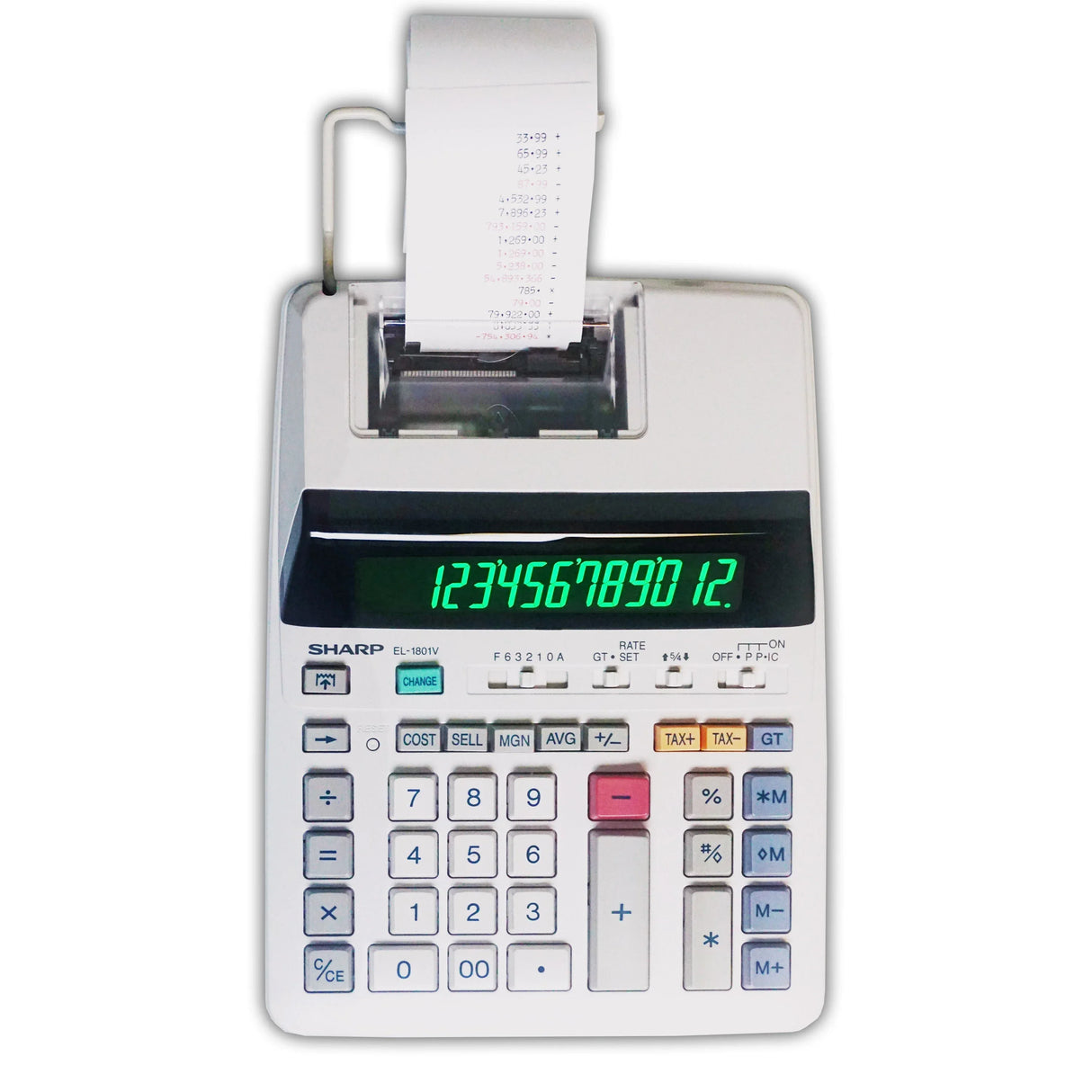 12-digit compact printing calculator with paper roll, digital display, and function keys