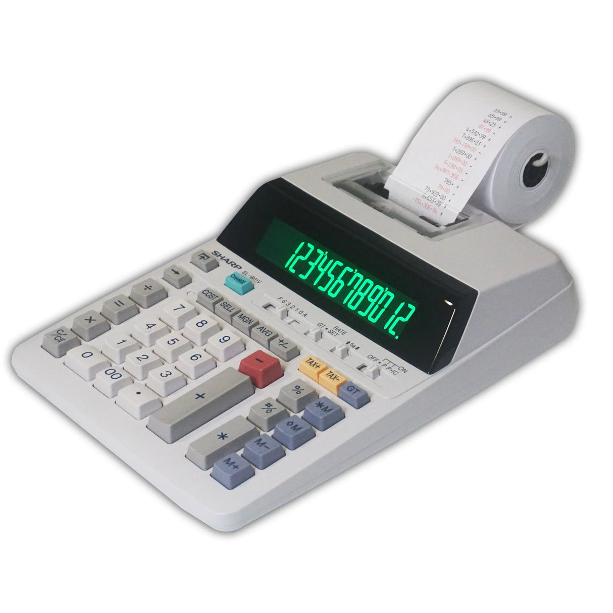 12-digit compact printing calculator with paper roll and large display for office use