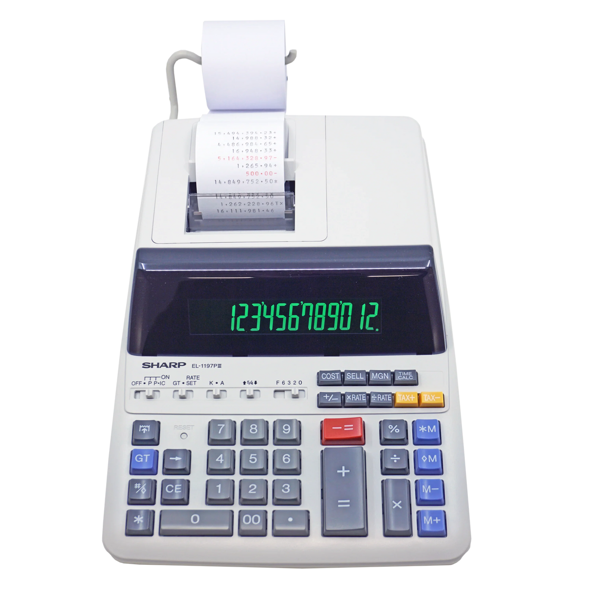 12-digit heavy duty commercial printing calculator with digital display and paper roll