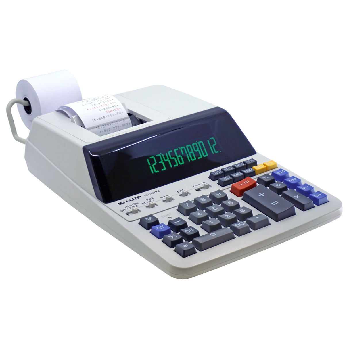 12-digit commercial printing calculator with paper roll, large display, and color-coded keys
