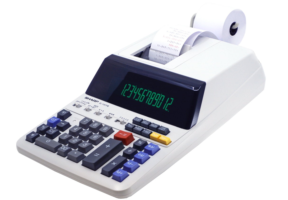 12-digit commercial printing calculator with paper roll and large display, office essential