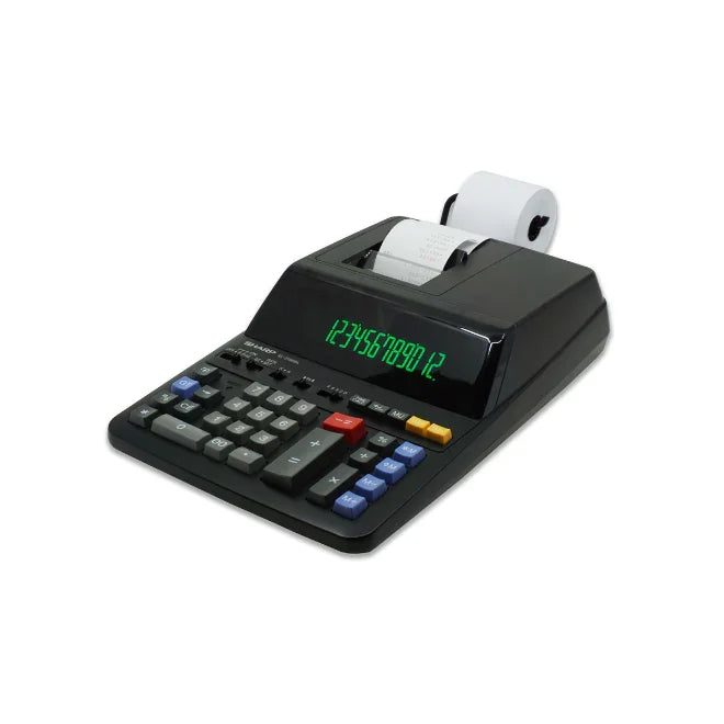 12-digit financial printing calculator with large keypad and paper roll