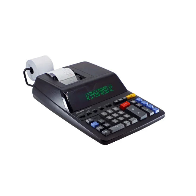 12-digit financial printing calculator with paper roll and large keypad on white background