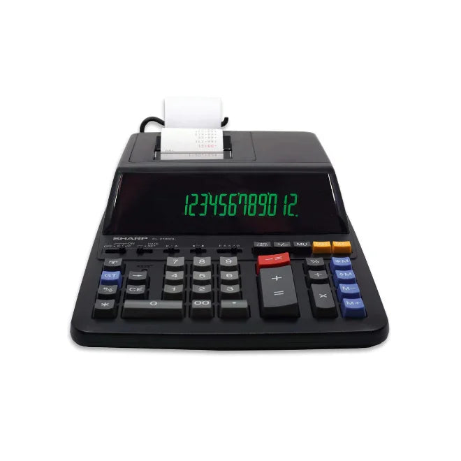 12-digit printing calculator with digital display and receipt paper, office desk essential