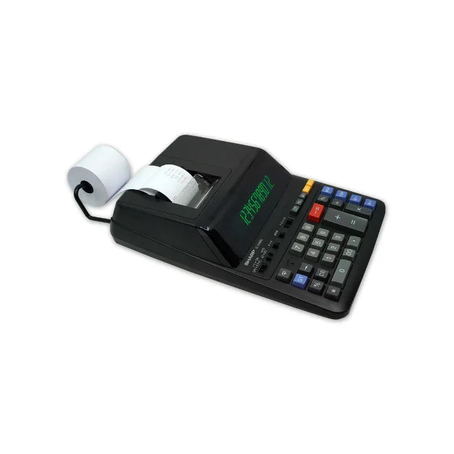 12-digit financial printing calculator with paper roll, large keypad, and digital display