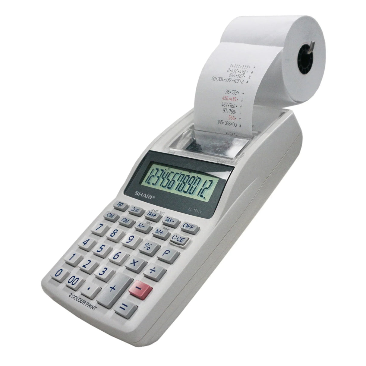12-digit handheld printing calculator with LCD display and built-in paper roll