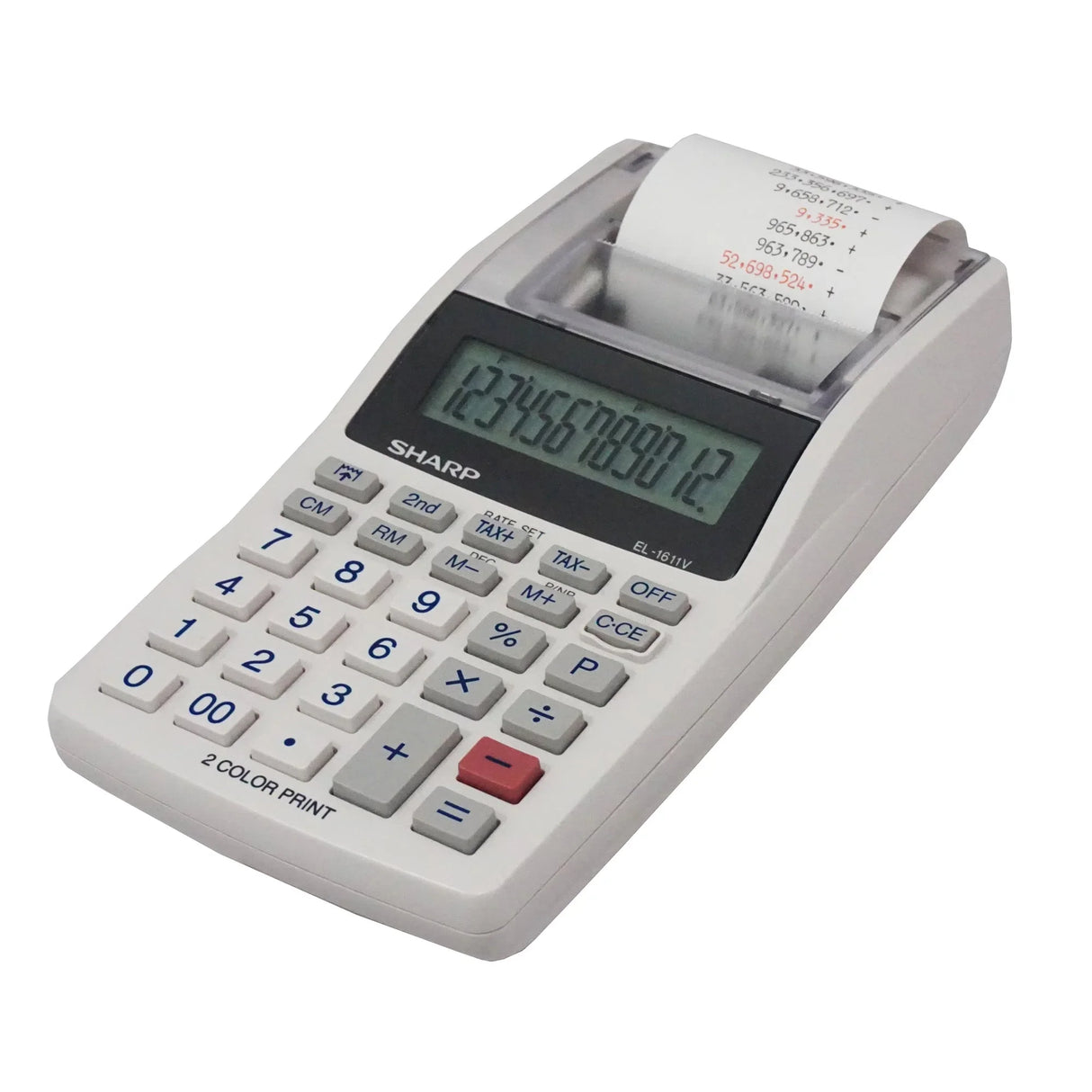 12-digit handheld printing calculator with paper roll and large display on white background