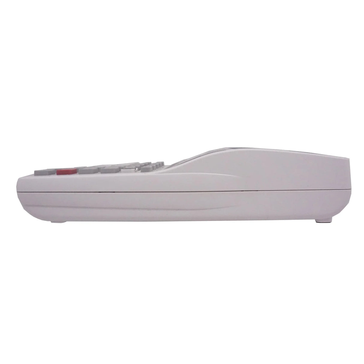 Side view of a 12-digit handheld printing calculator with gray and red buttons