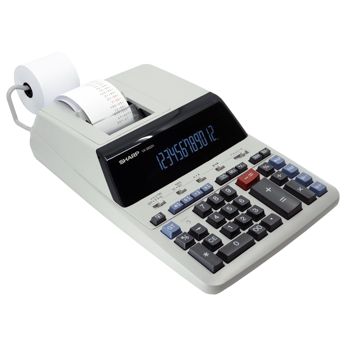 12-digit heavy duty printing calculator with paper roll, large keypad, and display screen
