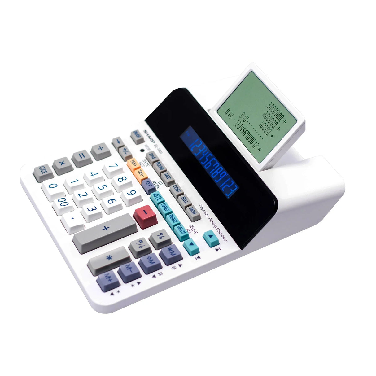12-digit paperless printing calculator with large angled display and multi-colored keys