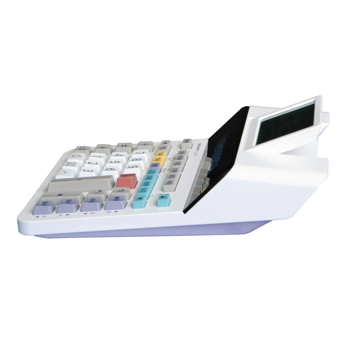 12-digit desktop calculator with large angled LCD screen and multicolored keypad
