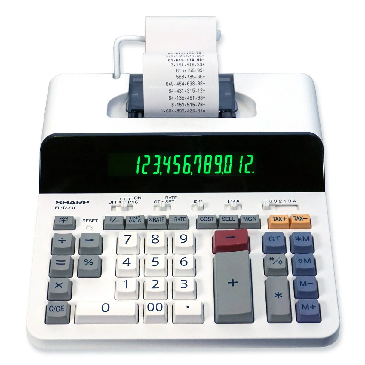 12-digit desktop thermal print calculator with paper roll and large numeric display