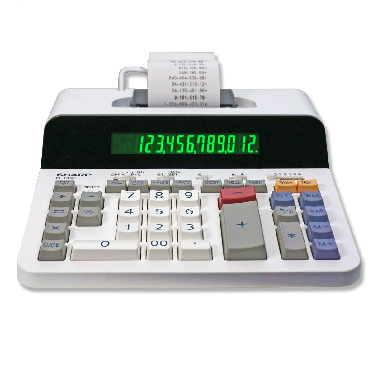 12-digit thermal print calculator with paper roll, digital display, and office keypad
