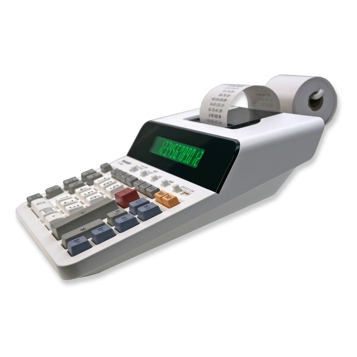 12-digit thermal printing calculator with paper roll and large display, angled view