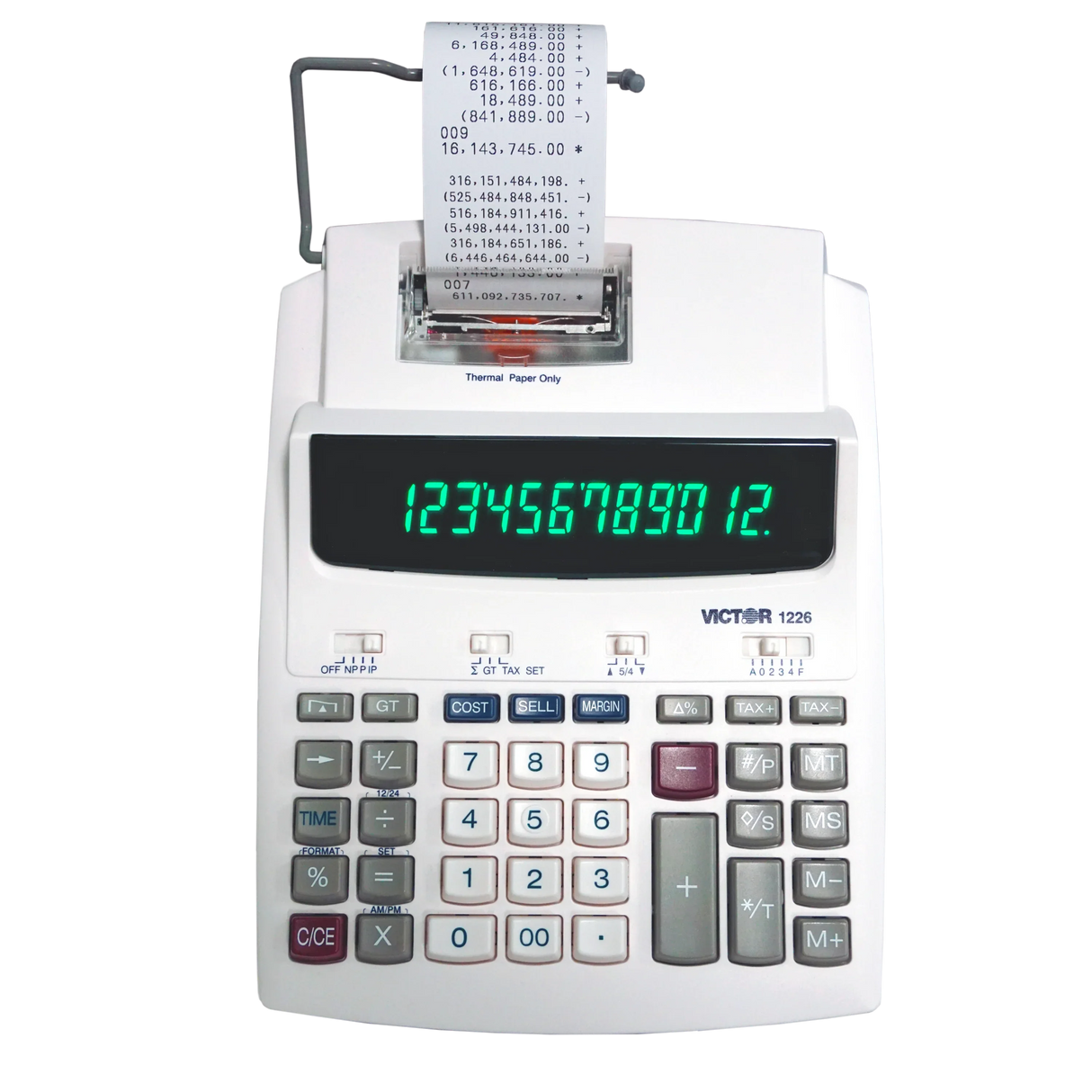 12-digit thermal printing calculator with paper roll, large display, and office keypad