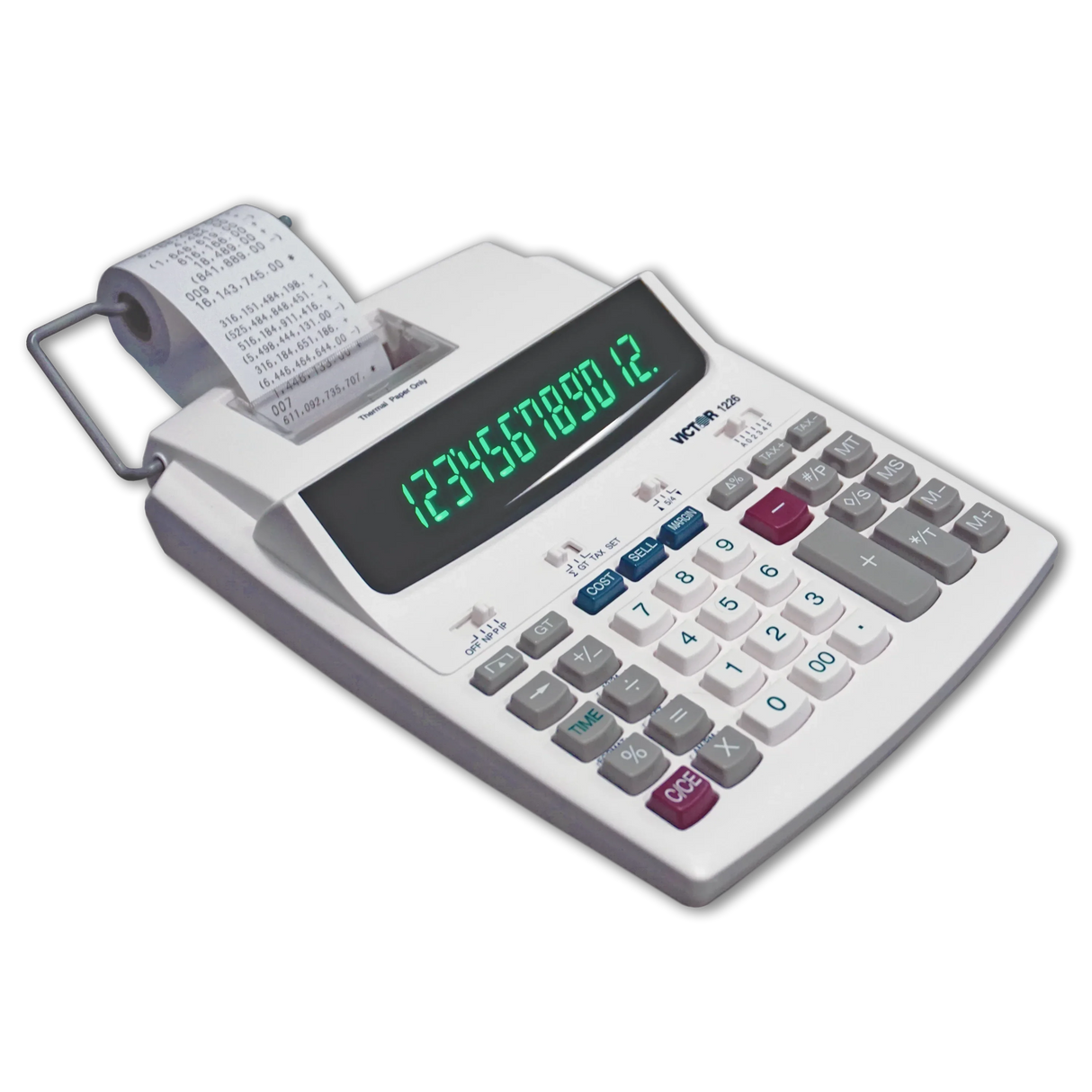 12-digit thermal printing calculator with digital display and receipt paper roll