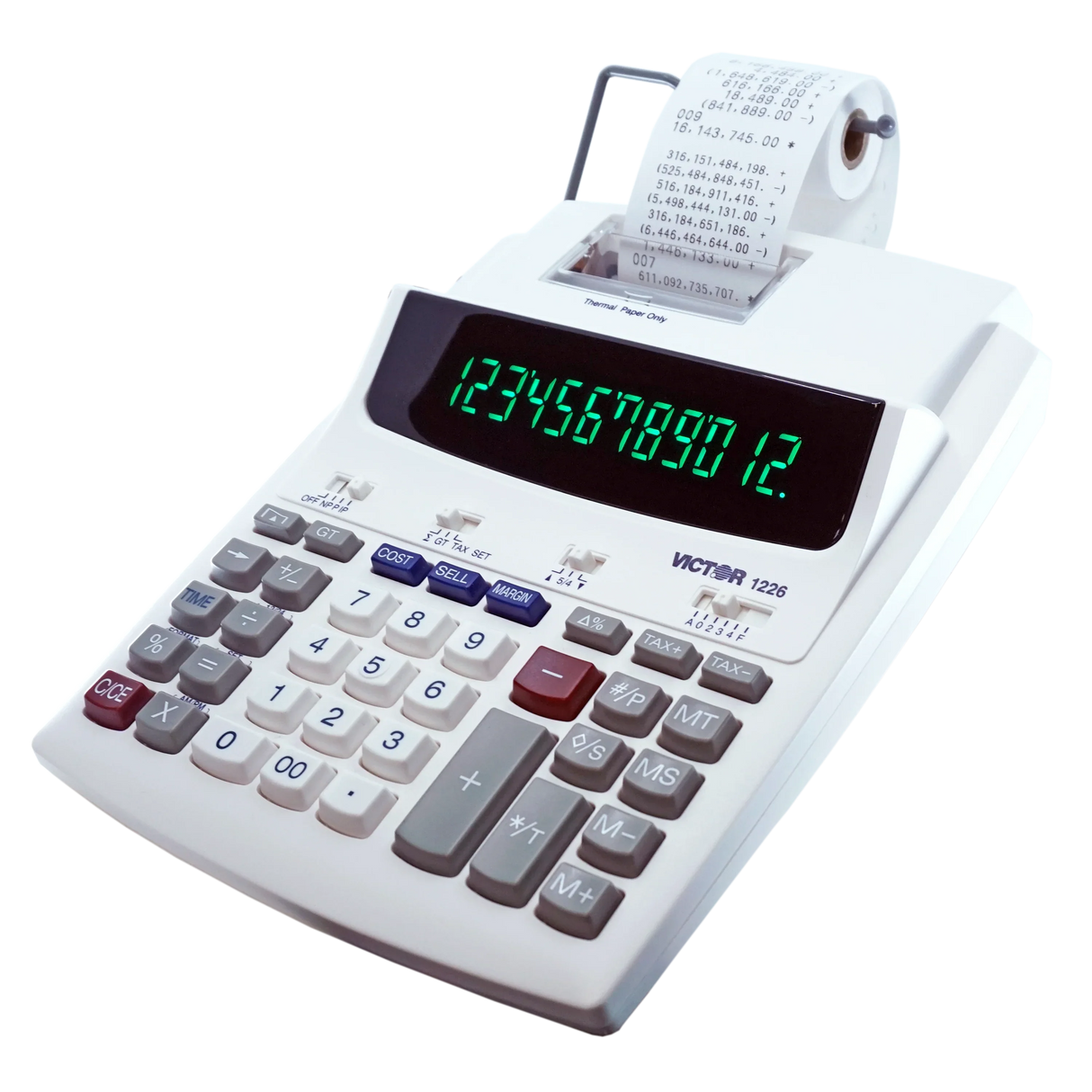 12-digit thermal printing calculator with paper roll and large LCD, office desk essential