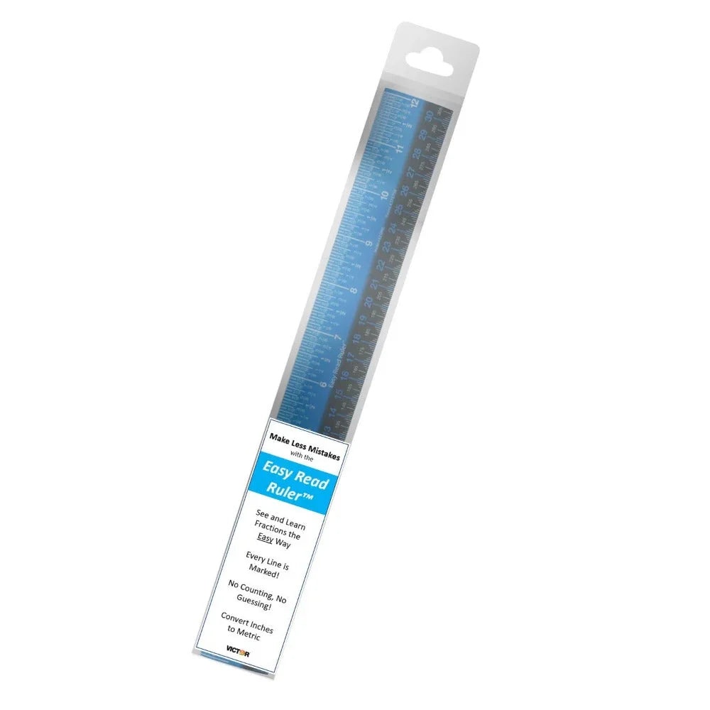 12-inch easy read ruler in packaging, clear markings for fractions and metric conversion.