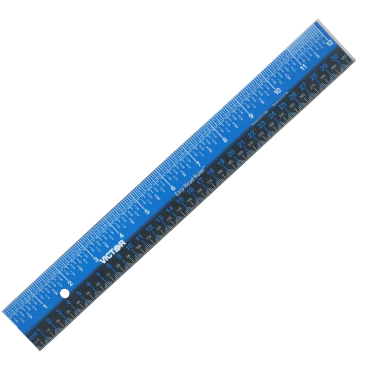 12-inch stainless steel ruler with easy-read markings and blue accent for measurements