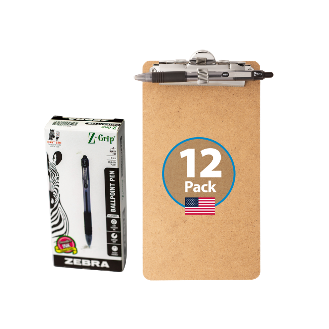 12-Pack 5-inch x 9-inch Receipt Clipboards with Low Profile Top Clip & Zebra Pen