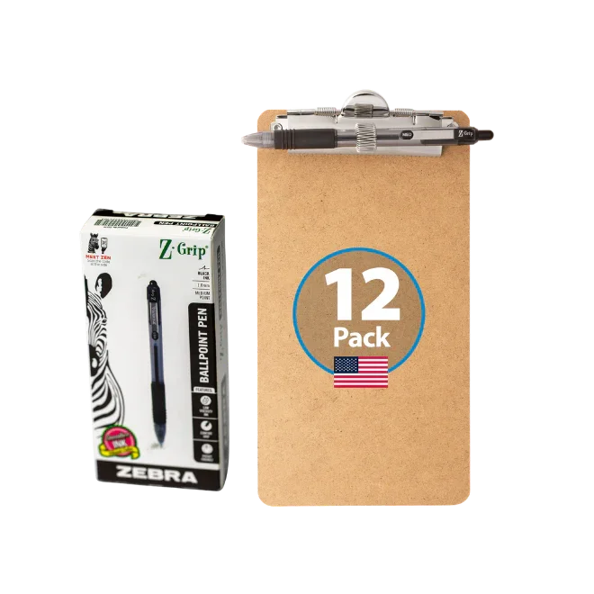 12-Pack 5-inch x 9-inch Receipt Clipboards with Low Profile Top Clip & Zebra Pen