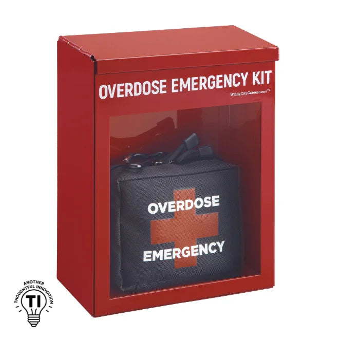 Red overdose emergency kit cabinet with visible black emergency pouch inside