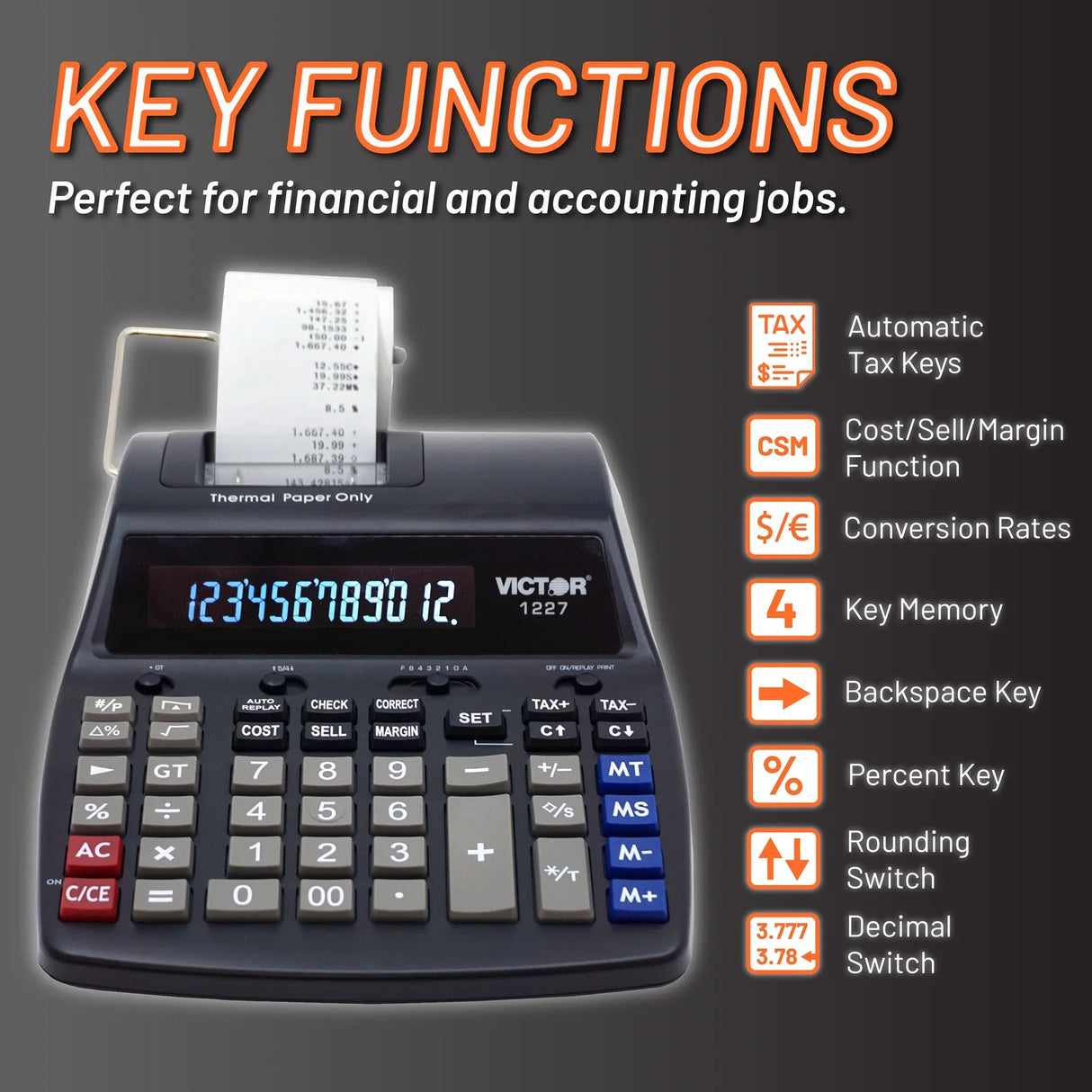 Financial desktop calculator with receipt paper, function keys, and accounting feature icons