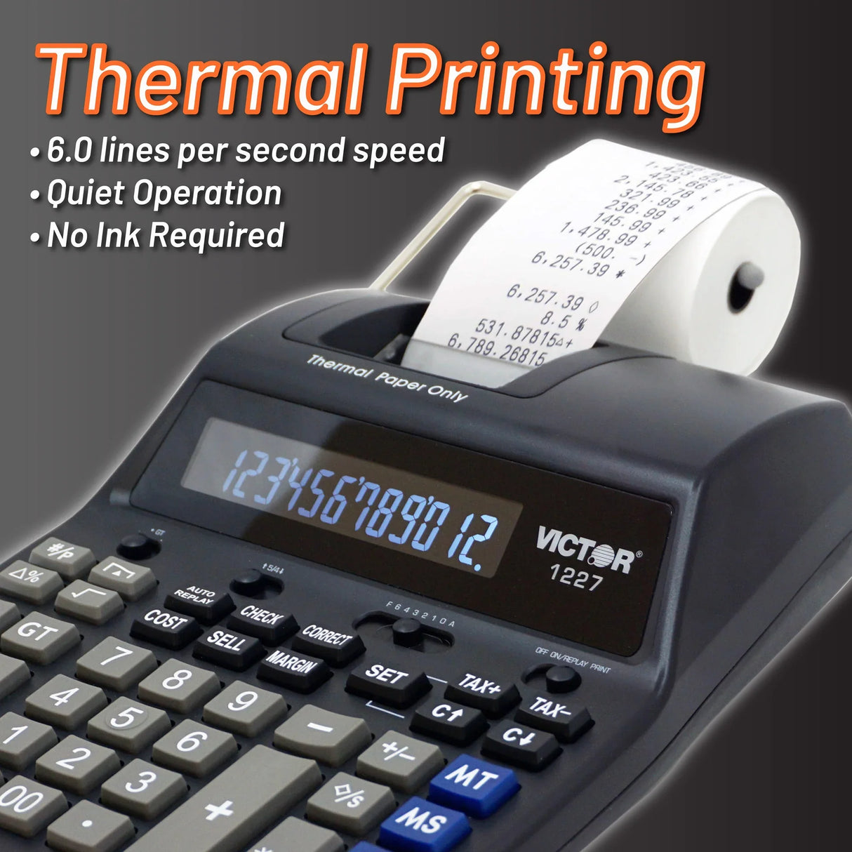 Thermal printing calculator with digital display and receipt paper, highlighting fast print speed.